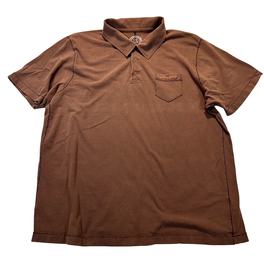 Life is Good Polo Shirt Mens XL Brown Short Sleeve Casual‎ Gorpcore Pocket